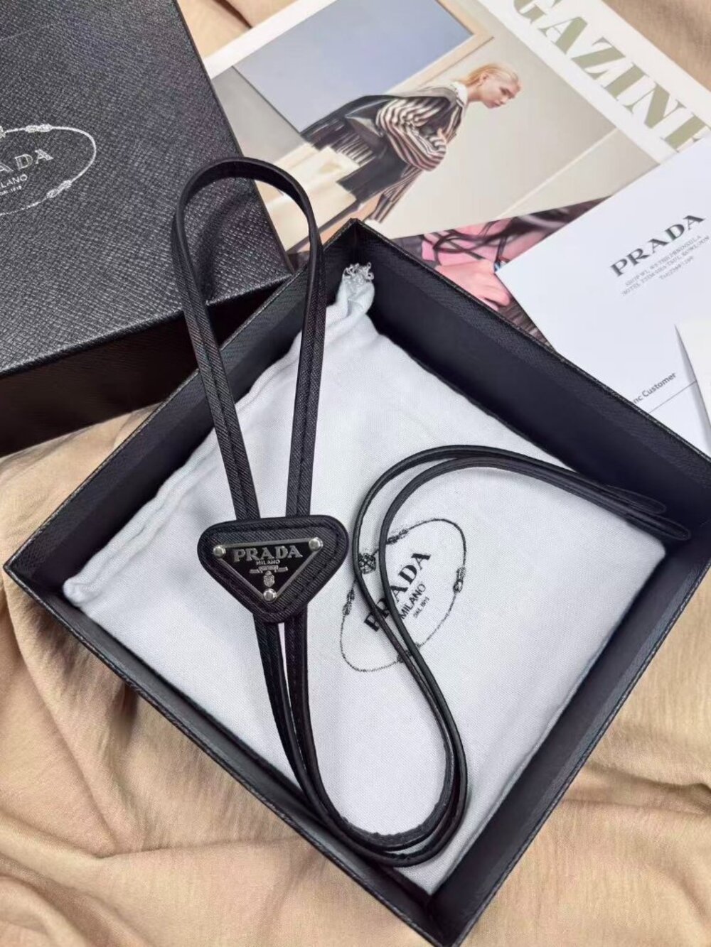 New PRADA Saffiano Leather Bolo Tie🖤 Black | Triangle Logo | Gift Box ✨